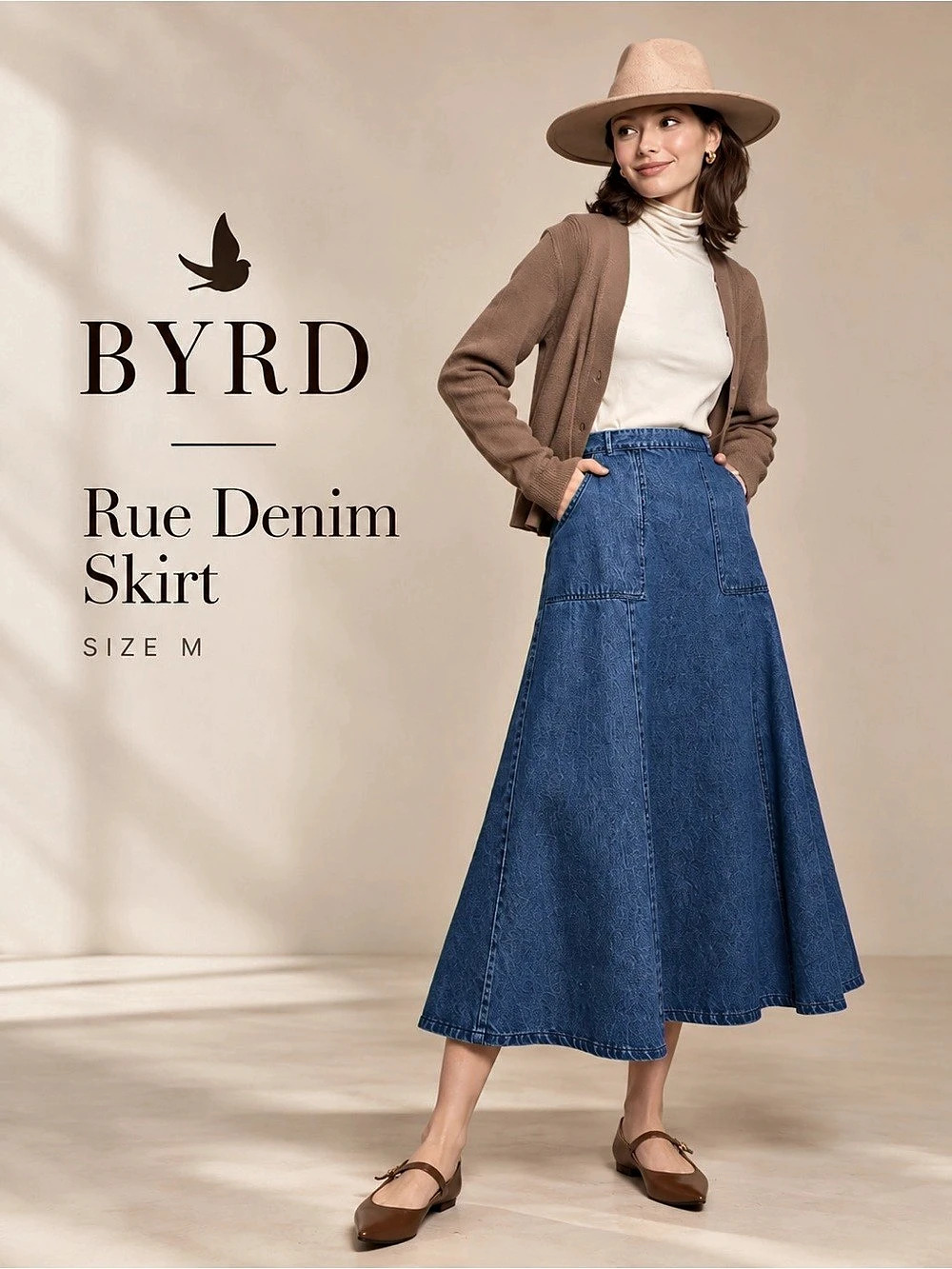 BYRD New York Rue Denim Maxi Skirt Blue A-Line Large Pockets Size M